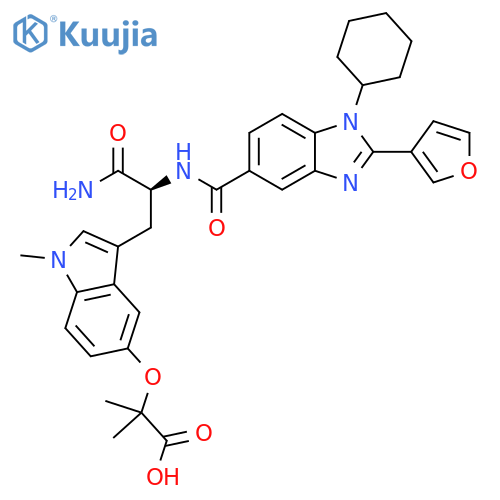 Propanoic acid,2-[[3-[(2S)-3-amino-2-[[[1-cyclohexyl-2-(3-furanyl)-1H-benzimidazol-5-yl]carbonyl]amino]-3-oxopropyl]-1-methyl-1H-indol-5-yl]oxy]-2-methyl- structure