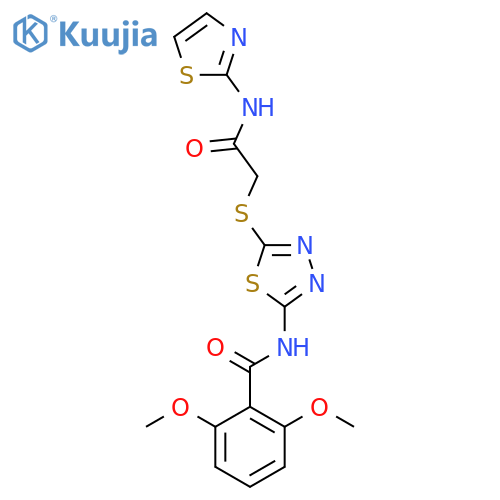2,6-dimethoxy-N-5-({(1,3-thiazol-2-yl)carbamoylmethyl}sulfanyl)-1,3,4-thiadiazol-2-ylbenzamide structure