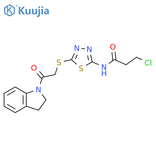 3-chloro-N-(5-{2-(2,3-dihydro-1H-indol-1-yl)-2-oxoethylsulfanyl}-1,3,4-thiadiazol-2-yl)propanamide structure