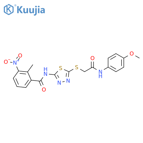 N-5-({(4-methoxyphenyl)carbamoylmethyl}sulfanyl)-1,3,4-thiadiazol-2-yl-2-methyl-3-nitrobenzamide structure