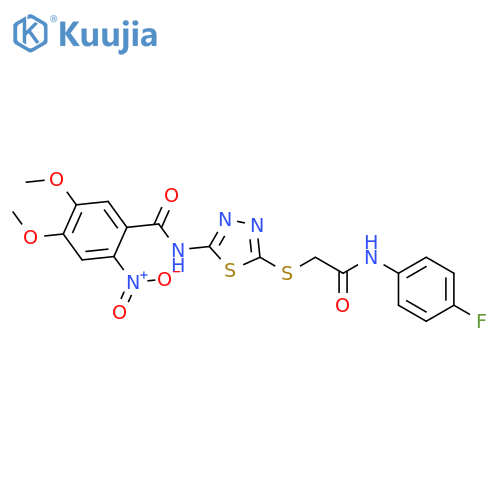 N-5-({(4-fluorophenyl)carbamoylmethyl}sulfanyl)-1,3,4-thiadiazol-2-yl-4,5-dimethoxy-2-nitrobenzamide structure