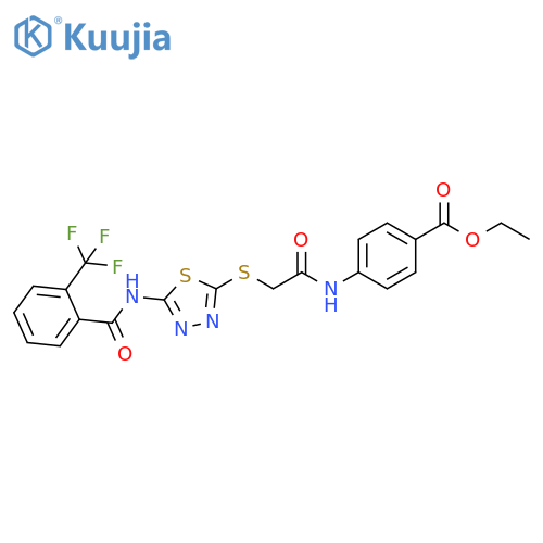 ethyl 4-2-({5-2-(trifluoromethyl)benzamido-1,3,4-thiadiazol-2-yl}sulfanyl)acetamidobenzoate structure