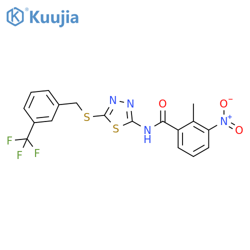2-methyl-3-nitro-N-5-({3-(trifluoromethyl)phenylmethyl}sulfanyl)-1,3,4-thiadiazol-2-ylbenzamide structure