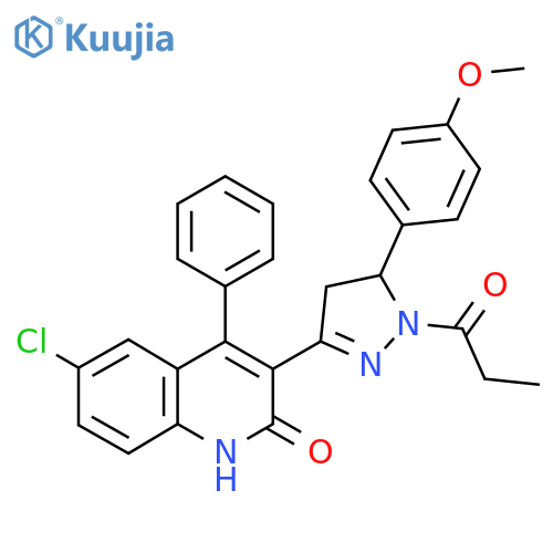 6-chloro-3-[5-(4-methoxyphenyl)-1-propanoyl-4,5-dihydro-1H-pyrazol-3-yl]-4-phenyl-1,2-dihydroquinolin-2-one structure