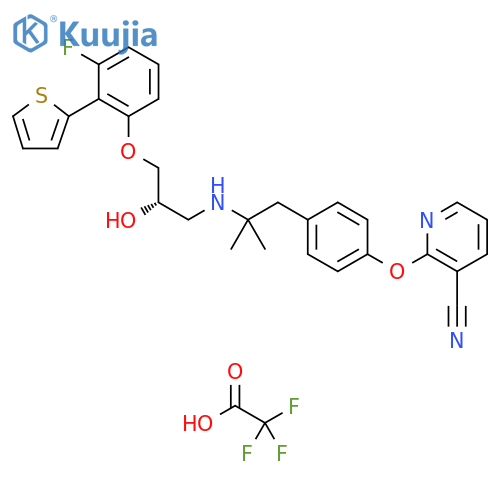 3-Pyridinecarbonitrile,2-[4-[2-[[(2S)-3-[3-fluoro-2-(2-thienyl)phenoxy]-2-hydroxypropyl]amino]-2-methylpropyl]phenoxy]-, mono(trifluoroacetate) (salt) structure