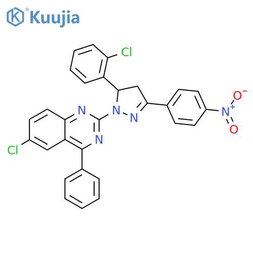 6-chloro-2-5-(2-chlorophenyl)-3-(4-nitrophenyl)-4,5-dihydro-1H-pyrazol-1-yl-4-phenylquinazoline structure