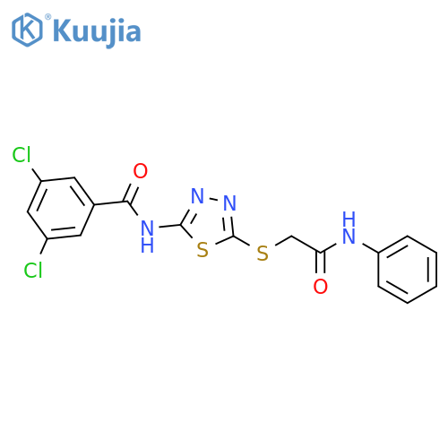 3,5-dichloro-N-(5-{(phenylcarbamoyl)methylsulfanyl}-1,3,4-thiadiazol-2-yl)benzamide structure