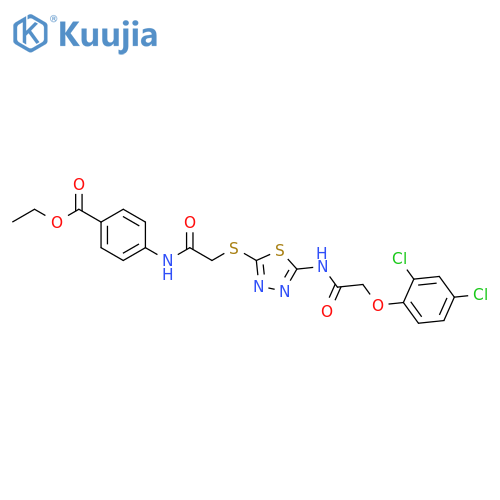 ethyl 4-2-({5-2-(2,4-dichlorophenoxy)acetamido-1,3,4-thiadiazol-2-yl}sulfanyl)acetamidobenzoate structure