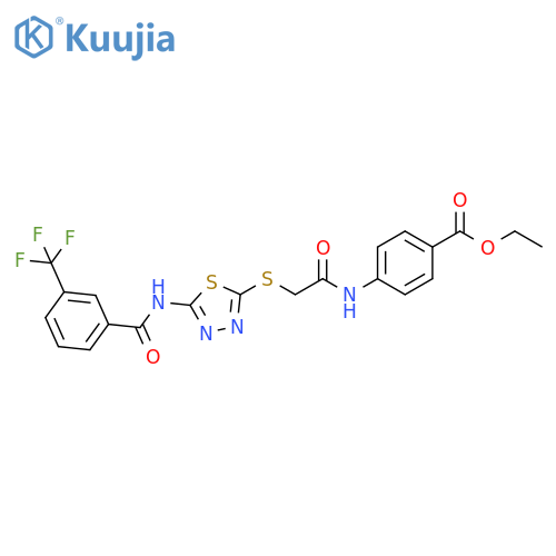 ethyl 4-2-({5-3-(trifluoromethyl)benzamido-1,3,4-thiadiazol-2-yl}sulfanyl)acetamidobenzoate structure