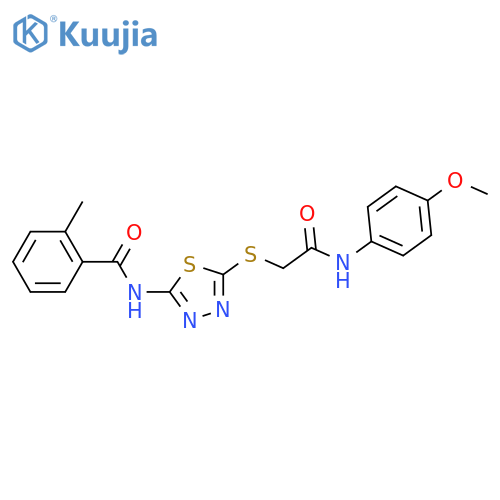 N-5-({(4-methoxyphenyl)carbamoylmethyl}sulfanyl)-1,3,4-thiadiazol-2-yl-2-methylbenzamide structure