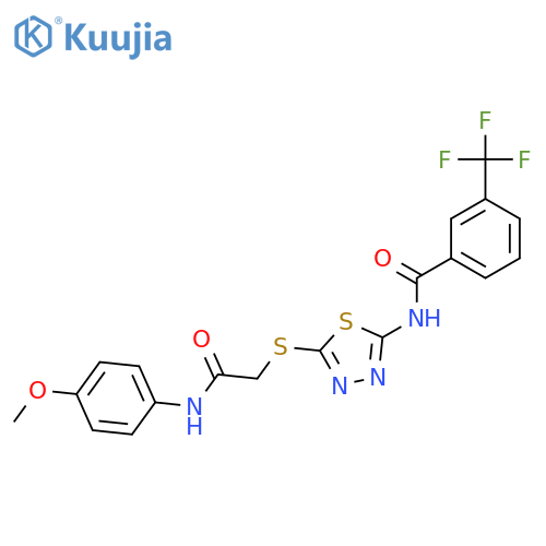 N-5-({(4-methoxyphenyl)carbamoylmethyl}sulfanyl)-1,3,4-thiadiazol-2-yl-3-(trifluoromethyl)benzamide structure