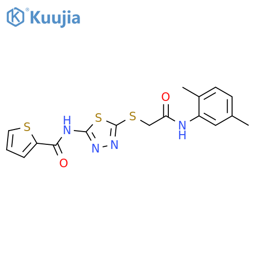N-[5-({[(2,5-dimethylphenyl)carbamoyl]methyl}sulfanyl)-1,3,4-thiadiazol-2-yl]thiophene-2-carboxamide structure