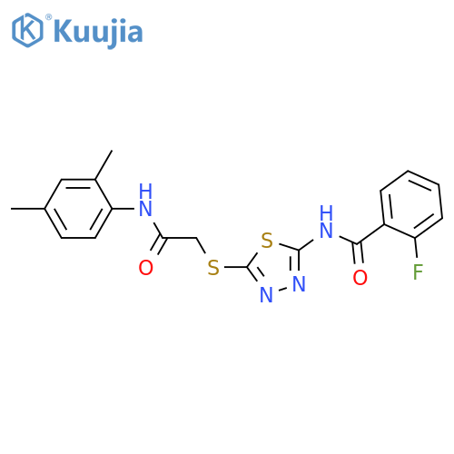 N-5-({(2,4-dimethylphenyl)carbamoylmethyl}sulfanyl)-1,3,4-thiadiazol-2-yl-2-fluorobenzamide structure
