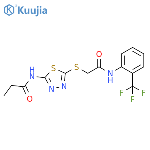 N-{5-({2-(trifluoromethyl)phenylcarbamoyl}methyl)sulfanyl-1,3,4-thiadiazol-2-yl}propanamide structure