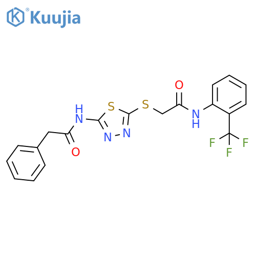 2-{5-(2-phenylacetamido)-1,3,4-thiadiazol-2-ylsulfanyl}-N-2-(trifluoromethyl)phenylacetamide structure