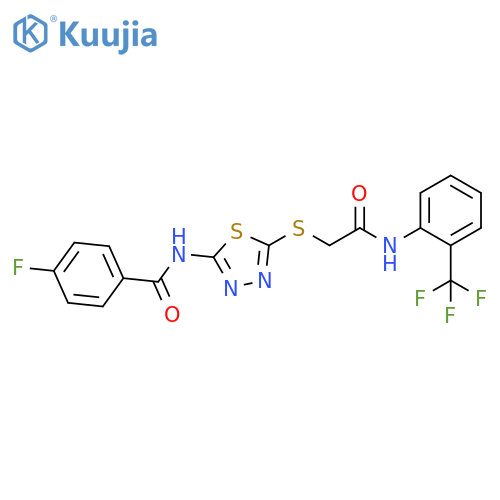 4-fluoro-N-{5-({2-(trifluoromethyl)phenylcarbamoyl}methyl)sulfanyl-1,3,4-thiadiazol-2-yl}benzamide structure