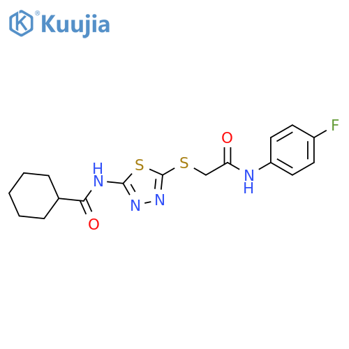 N-5-({(4-fluorophenyl)carbamoylmethyl}sulfanyl)-1,3,4-thiadiazol-2-ylcyclohexanecarboxamide structure