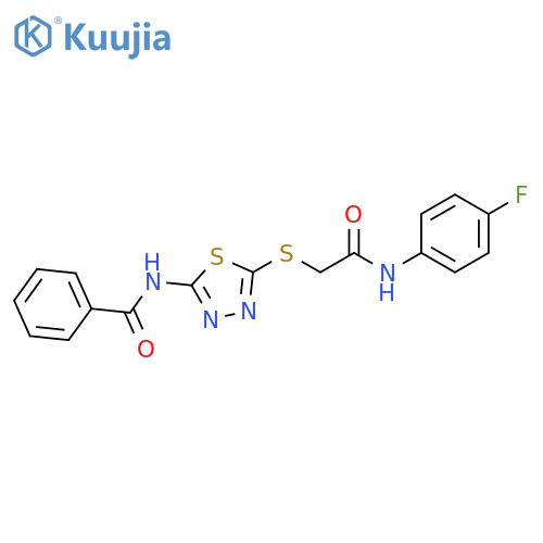 N-5-({(4-fluorophenyl)carbamoylmethyl}sulfanyl)-1,3,4-thiadiazol-2-ylbenzamide structure