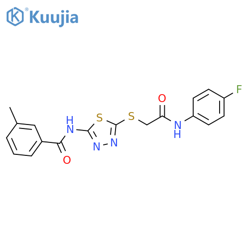 N-5-({(4-fluorophenyl)carbamoylmethyl}sulfanyl)-1,3,4-thiadiazol-2-yl-3-methylbenzamide structure