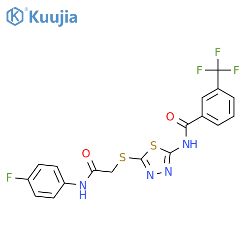 N-5-({(4-fluorophenyl)carbamoylmethyl}sulfanyl)-1,3,4-thiadiazol-2-yl-3-(trifluoromethyl)benzamide structure