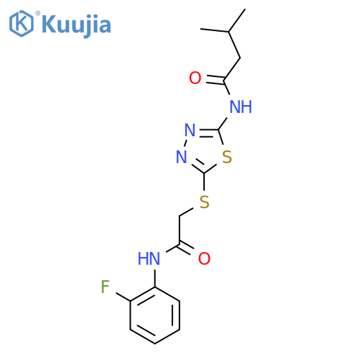 N-5-({(2-fluorophenyl)carbamoylmethyl}sulfanyl)-1,3,4-thiadiazol-2-yl-3-methylbutanamide structure