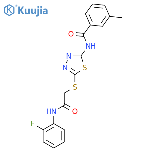 N-5-({(2-fluorophenyl)carbamoylmethyl}sulfanyl)-1,3,4-thiadiazol-2-yl-3-methylbenzamide structure