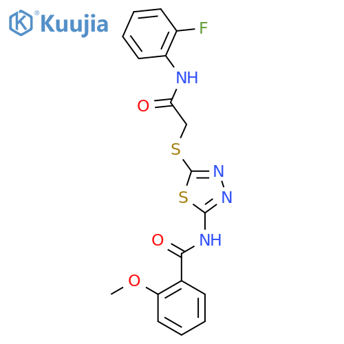 N-5-({(2-fluorophenyl)carbamoylmethyl}sulfanyl)-1,3,4-thiadiazol-2-yl-2-methoxybenzamide structure