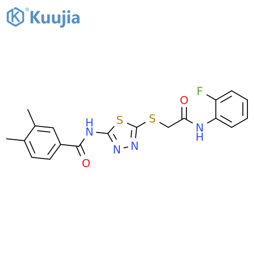 N-5-({(2-fluorophenyl)carbamoylmethyl}sulfanyl)-1,3,4-thiadiazol-2-yl-3,4-dimethylbenzamide structure