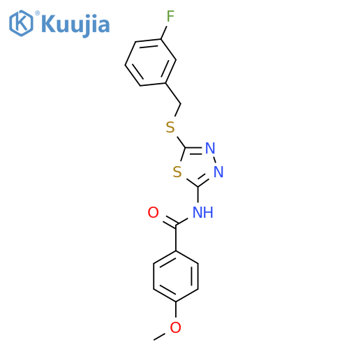 N-(5-{(3-fluorophenyl)methylsulfanyl}-1,3,4-thiadiazol-2-yl)-4-methoxybenzamide structure