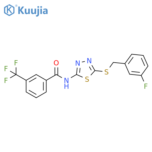 N-(5-{(3-fluorophenyl)methylsulfanyl}-1,3,4-thiadiazol-2-yl)-3-(trifluoromethyl)benzamide structure