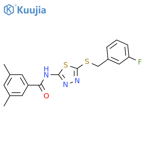 N-(5-{(3-fluorophenyl)methylsulfanyl}-1,3,4-thiadiazol-2-yl)-3,5-dimethylbenzamide structure