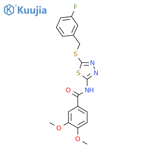 N-(5-{(3-fluorophenyl)methylsulfanyl}-1,3,4-thiadiazol-2-yl)-3,4-dimethoxybenzamide structure