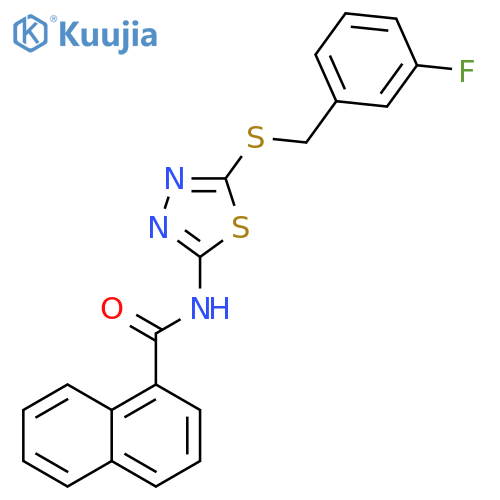 N-(5-{(3-fluorophenyl)methylsulfanyl}-1,3,4-thiadiazol-2-yl)naphthalene-1-carboxamide structure
