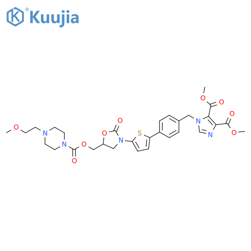 1H-Imidazole-4,5-dicarboxylic acid,1-[[4-[5-[5-[[[[4-(2-methoxyethyl)-1-piperazinyl]carbonyl]oxy]methyl]-2-oxo-3-oxazolidinyl]-2-thienyl]phenyl]methyl]-, dimethyl ester structure