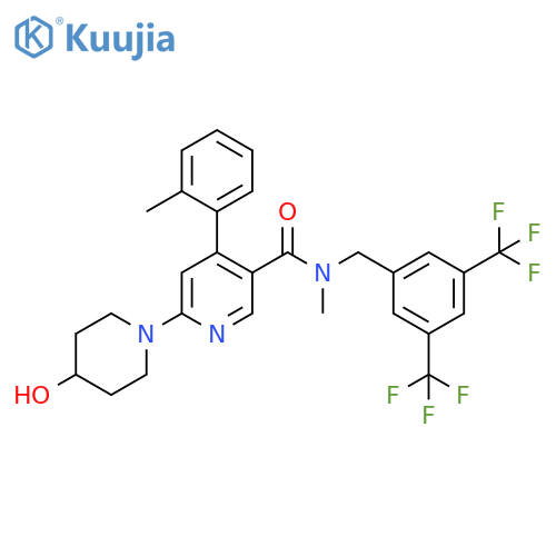 3-Pyridinecarboxamide,N-[[3,5-bis(trifluoromethyl)phenyl]methyl]-6-(4-hydroxy-1-piperidinyl)-N-methyl-4-(2-methylphenyl)- structure