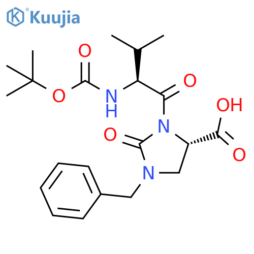 4-Imidazolidinecarboxylic acid,3-[(2S)-2-[[(1,1-dimethylethoxy)carbonyl]amino]-3-methyl-1-oxobutyl]-2-oxo-1-(phenylmethyl)-, (4S)- structure
