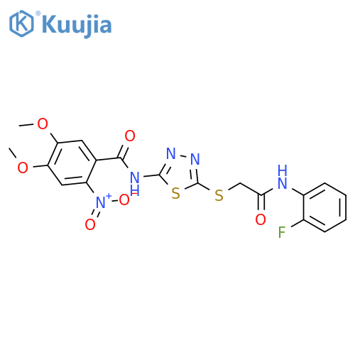 N-5-({(2-fluorophenyl)carbamoylmethyl}sulfanyl)-1,3,4-thiadiazol-2-yl-4,5-dimethoxy-2-nitrobenzamide structure
