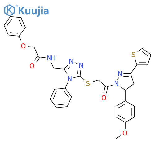 N-{5-({2-5-(4-methoxyphenyl)-3-(thiophen-2-yl)-4,5-dihydro-1H-pyrazol-1-yl-2-oxoethyl}sulfanyl)-4-phenyl-4H-1,2,4-triazol-3-ylmethyl}-2-phenoxyacetamide structure