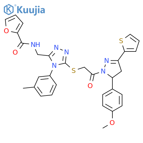N-{5-({2-5-(4-methoxyphenyl)-3-(thiophen-2-yl)-4,5-dihydro-1H-pyrazol-1-yl-2-oxoethyl}sulfanyl)-4-(3-methylphenyl)-4H-1,2,4-triazol-3-ylmethyl}furan-2-carboxamide structure