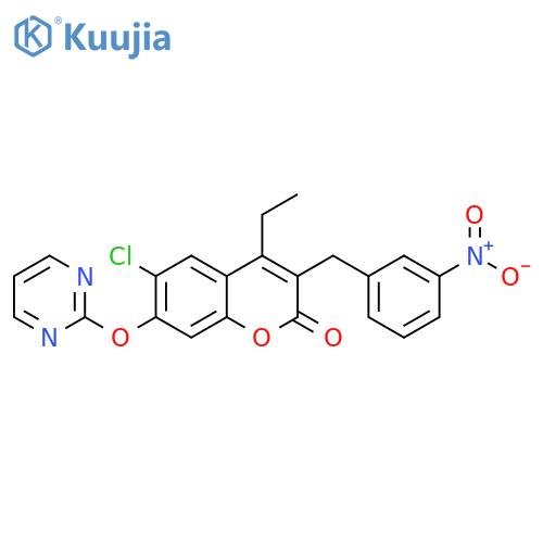 2H-1-Benzopyran-2-one,6-chloro-4-ethyl-3-[(3-nitrophenyl)methyl]-7-(2-pyrimidinyloxy)- structure