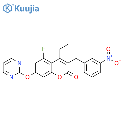 2H-1-Benzopyran-2-one,4-ethyl-5-fluoro-3-[(3-nitrophenyl)methyl]-7-(2-pyrimidinyloxy)- structure
