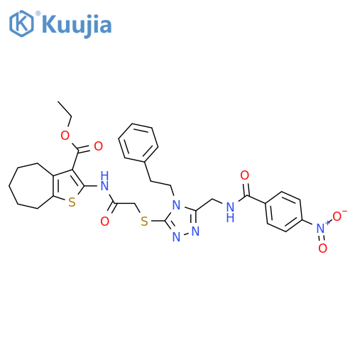 ethyl 2-{2-[(5-{[(4-nitrophenyl)formamido]methyl}-4-(2-phenylethyl)-4H-1,2,4-triazol-3-yl)sulfanyl]acetamido}-4H,5H,6H,7H,8H-cyclohepta[b]thiophene-3-carboxylate structure