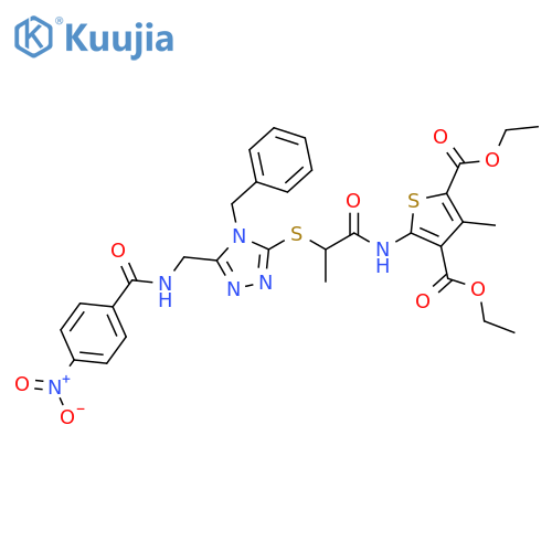 2,4-diethyl 5-{2-(4-benzyl-5-{(4-nitrophenyl)formamidomethyl}-4H-1,2,4-triazol-3-yl)sulfanylpropanamido}-3-methylthiophene-2,4-dicarboxylate structure