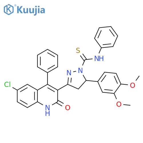 3-(6-chloro-2-hydroxy-4-phenylquinolin-3-yl)-5-(3,4-dimethoxyphenyl)-N-phenyl-4,5-dihydro-1H-pyrazole-1-carbothioamide structure