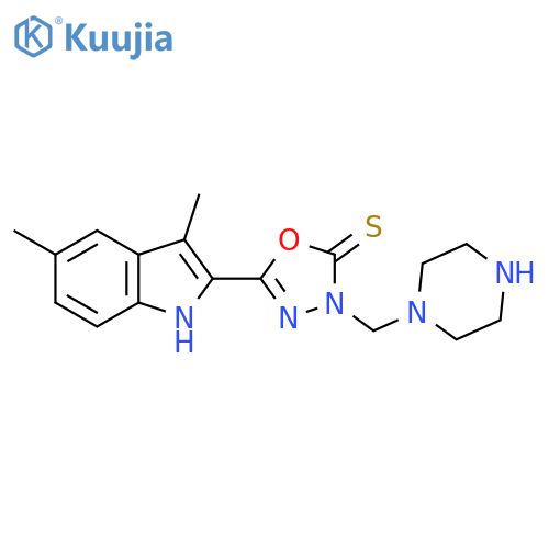 1,3,4-Oxadiazole-2(3H)-thione,5-(3,5-dimethyl-1H-indol-2-yl)-3-(1-piperazinylmethyl)- structure