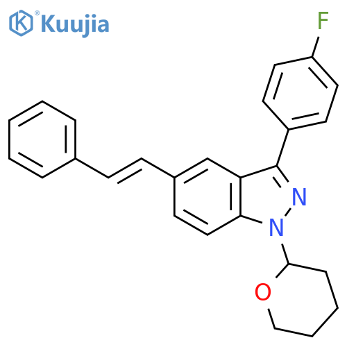 1H-Indazole,3-(4-fluorophenyl)-5-[(1E)-2-phenylethenyl]-1-(tetrahydro-2H-pyran-2-yl)- structure