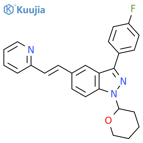 1H-Indazole,3-(4-fluorophenyl)-5-[(1E)-2-(2-pyridinyl)ethenyl]-1-(tetrahydro-2H-pyran-2-yl)- structure