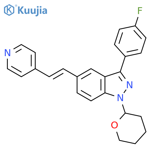 1H-Indazole,3-(4-fluorophenyl)-5-[(1E)-2-(4-pyridinyl)ethenyl]-1-(tetrahydro-2H-pyran-2-yl)- structure