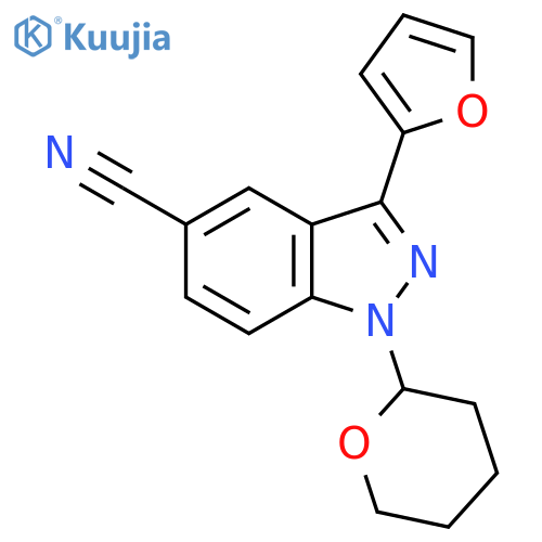 1H-Indazole-5-carbonitrile, 3-(2-furanyl)-1-(tetrahydro-2H-pyran-2-yl)- structure