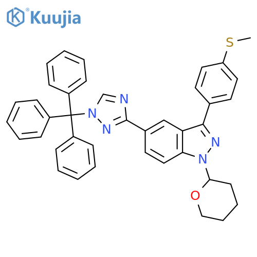 1H-Indazole,3-[4-(methylthio)phenyl]-1-(tetrahydro-2H-pyran-2-yl)-5-[1-(triphenylmethyl)-1H-1,2,4-triazol-3-yl]- structure